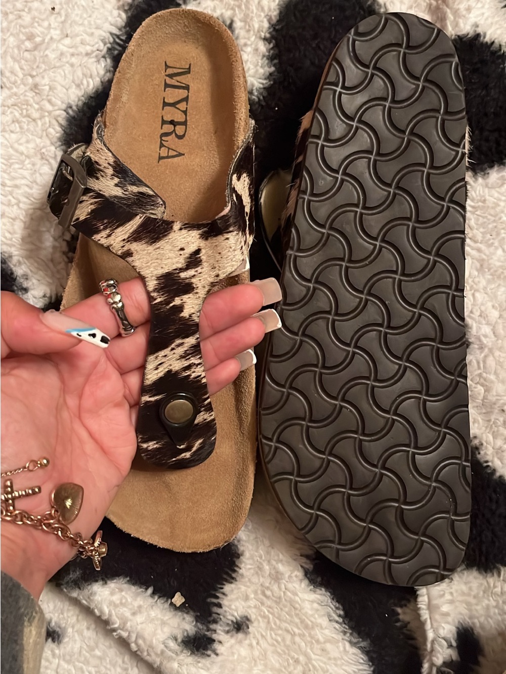 Myra Bag Cowhide Toe-Post Sandal in Black and White Spotted